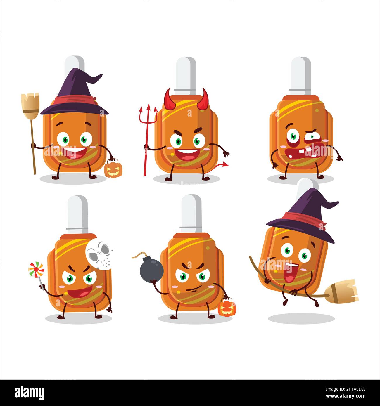 Halloween Expression Emoticons mit Cartoon-Charakter aus orangefarbenem Korrekturstift. Vektorgrafik Stock Vektor