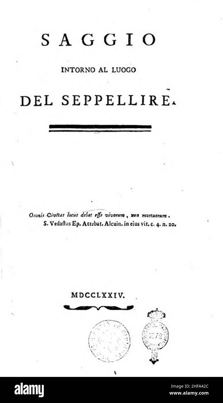 Scipione Piattoli, Saggio intorno al luogo del seppellire, 1774 (Titelseite). Stockfoto