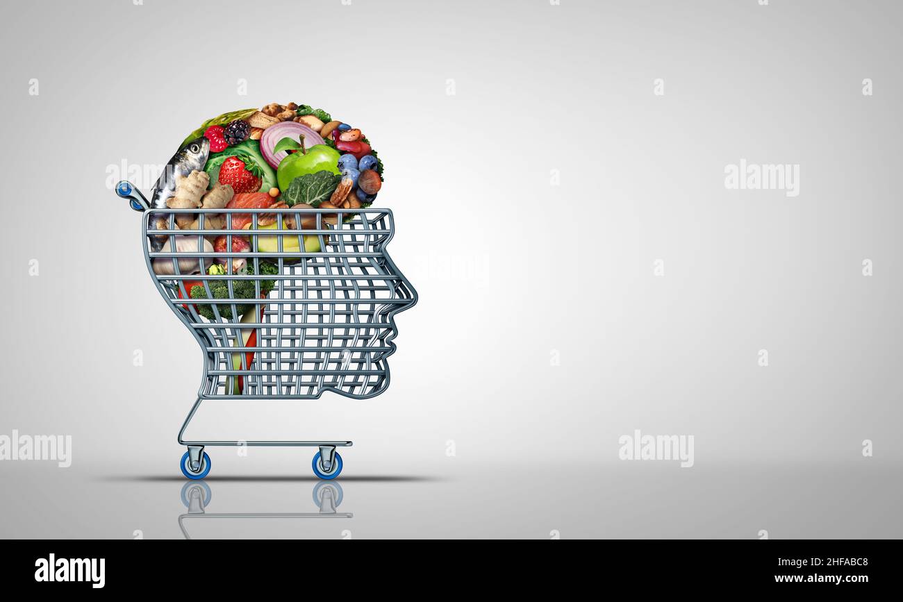 Healthy Smart Shopper und Intelligent Food Shopping als Ernährung Gesundheitskonsumentenkonzept für den Kauf von natürlichen gesunden Inhaltsstoffen. Stockfoto