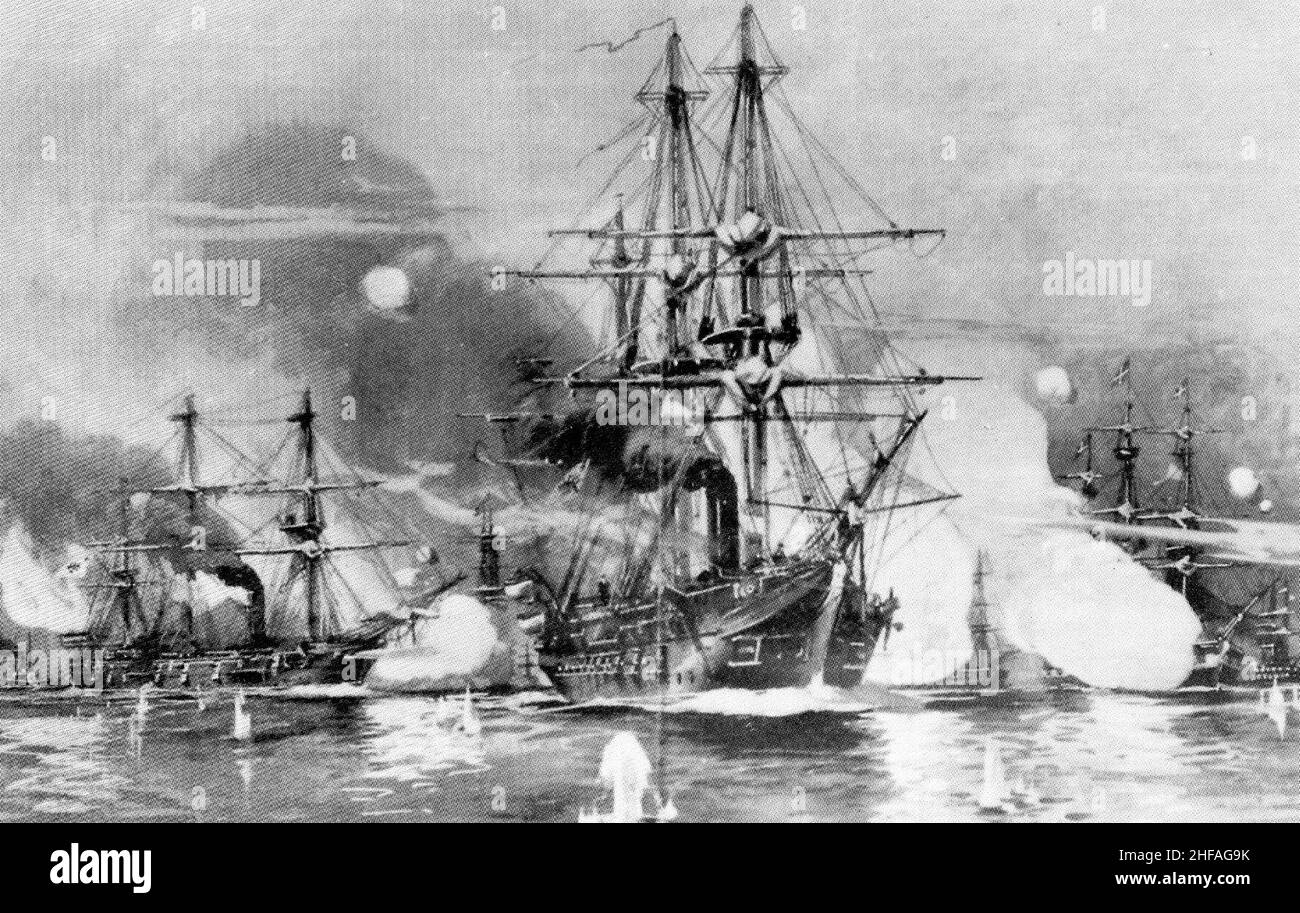 Seegeecht vor Jasmund am 17. März 1864. Im Vordergrund die Korvette SMS ARCONA. Gemälde von Willy Stöwer. Stockfoto