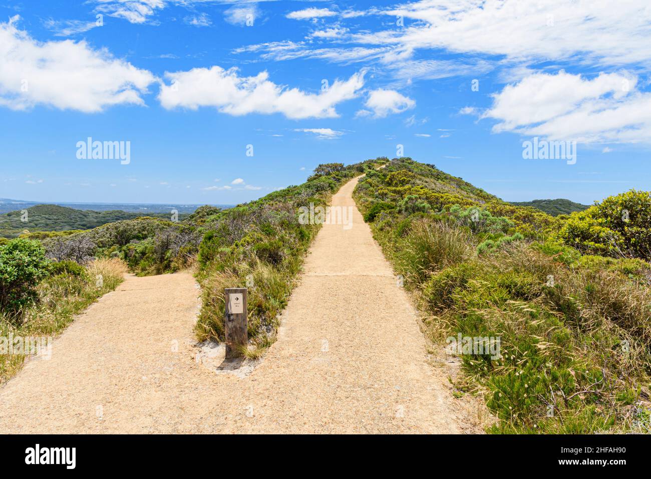 Ein Pfad zu einem Aussichtspunkt auf der Albany Wind Farm Walk auf der Torndirrup Peninsula, Albany, Western Australia, Australien Stockfoto