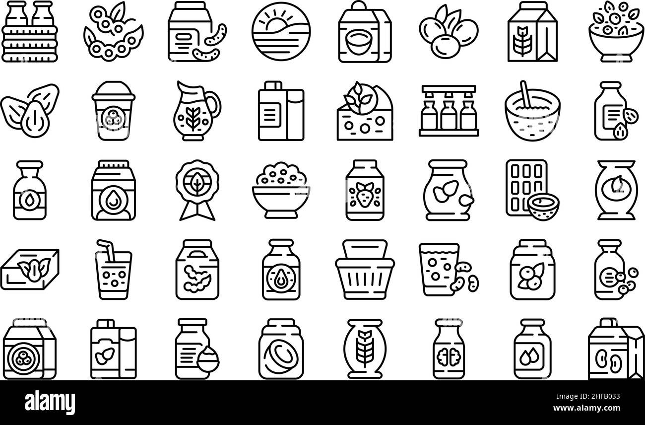 Symbole für die Gemüsemilch legen den Umrissvektor fest. Sojamandel. Kokosnuss-Soja Stock Vektor