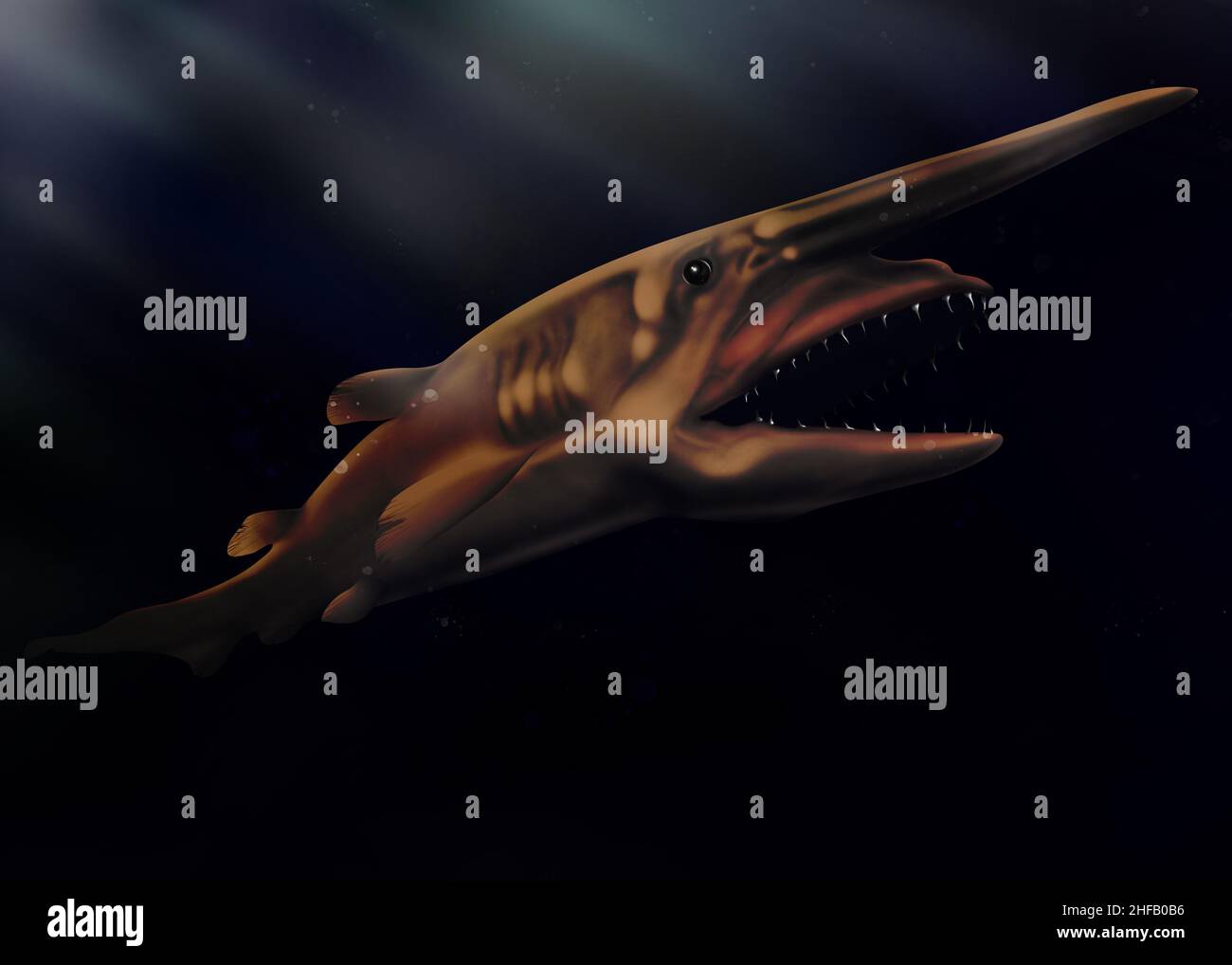 Koboldhai (Mitsukurina owstoni) Tiefseeihai. Lebendes Fossil. Haifisch-Illustration isoliert. Tiefseefische. Stockfoto