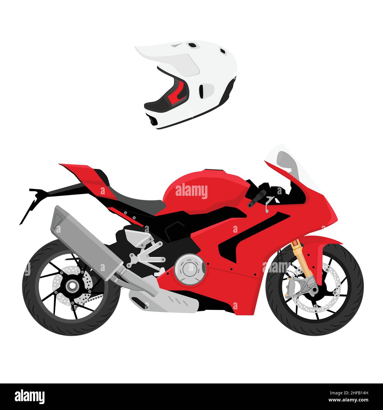 Rote Sport Bike Motorrad und Helm isoliert auf weißem Hintergrund. Vektor Stock Vektor