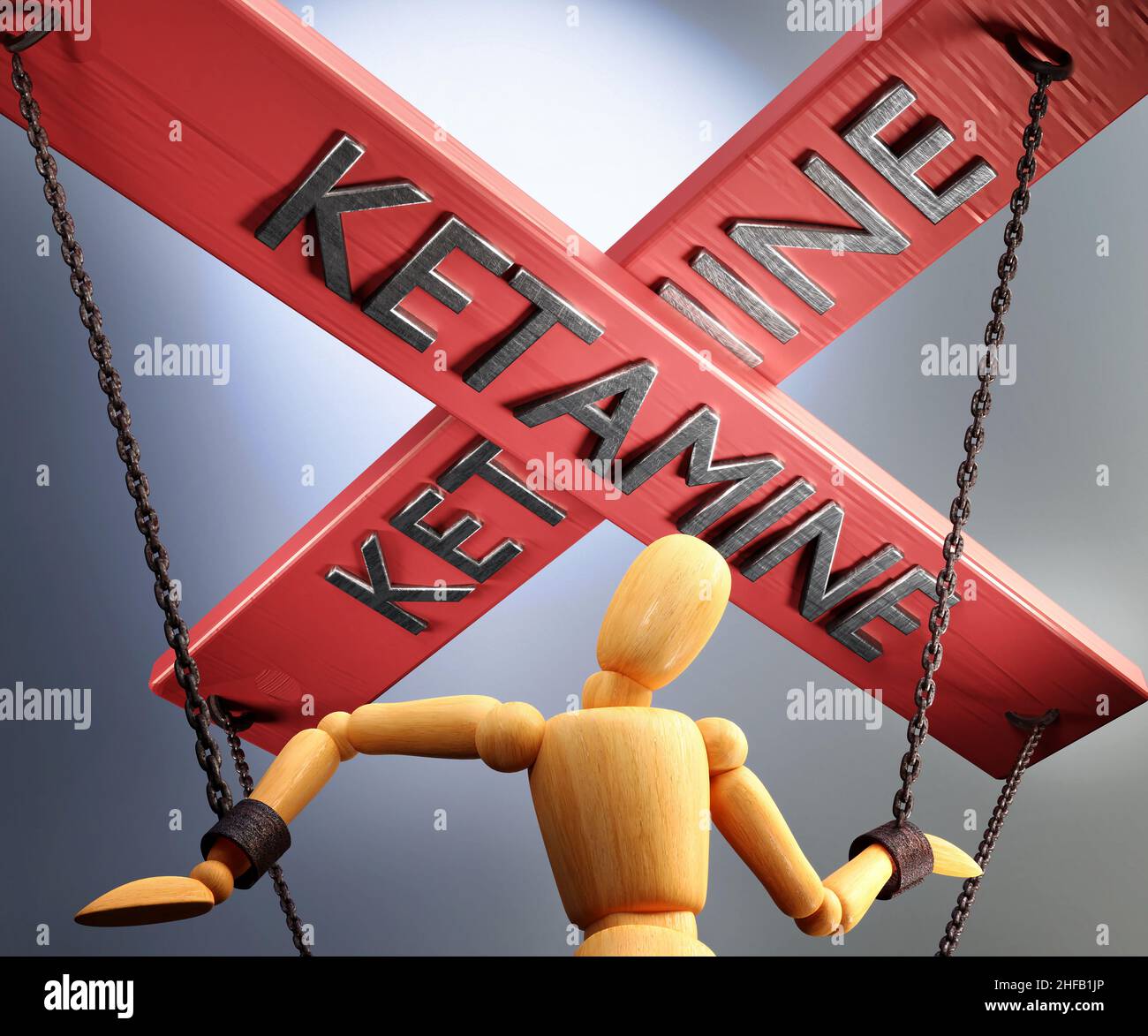 Ketamin Kontrolle, Macht, Einfluss und Manipulation symbolisiert durch Steuerleiste mit dem Wort Ketamin, das die Saiten (Ketten) einer Holzpuppe zieht, 3D i Stockfoto