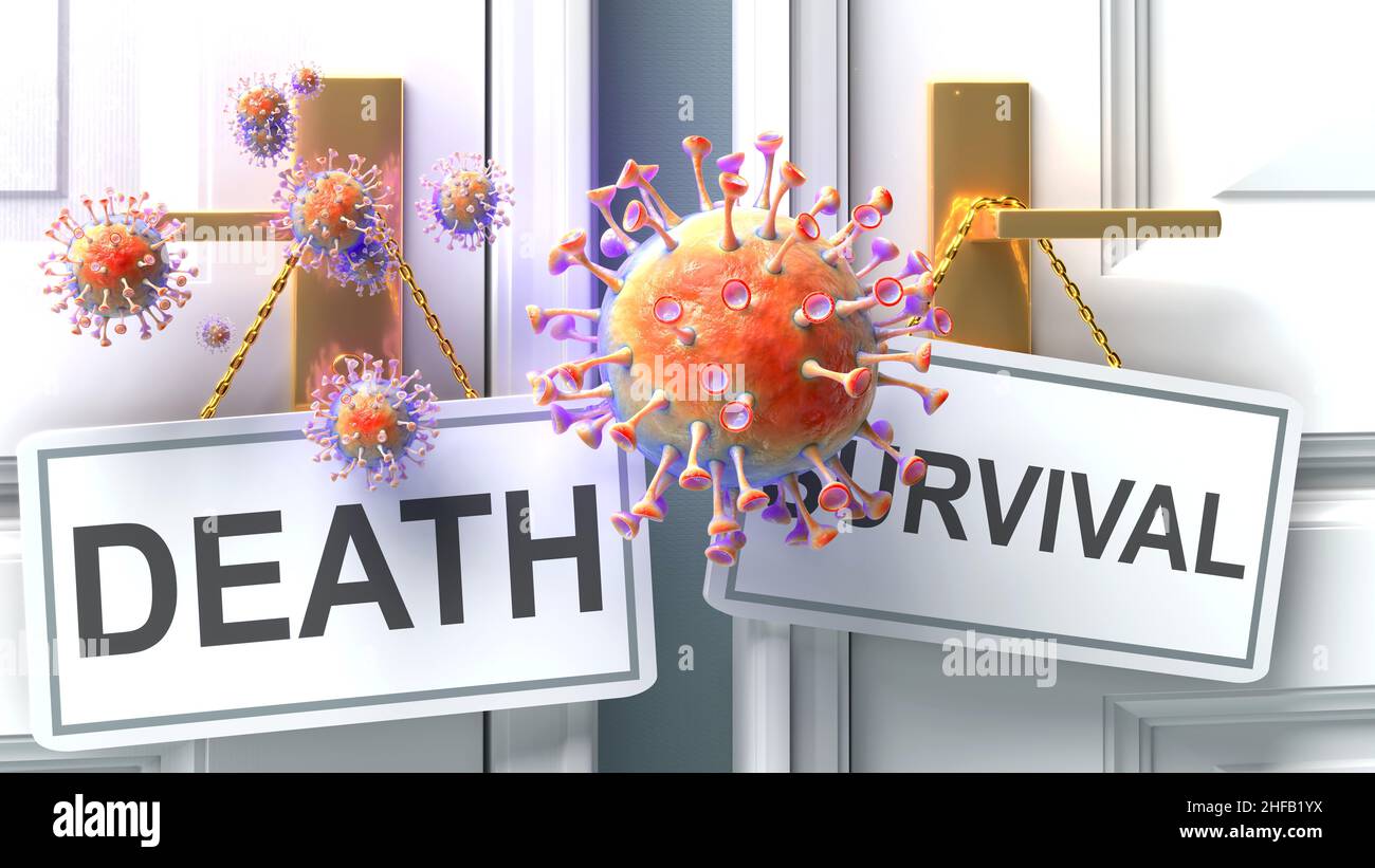 Covid Tod oder Überleben – Ausgang einer Viruspandemie und zwei zukünftige Alternativen, die als „Tod“ und „Survival“-Türklinke gekennzeichnet sind, Abbildung 3D Stockfoto