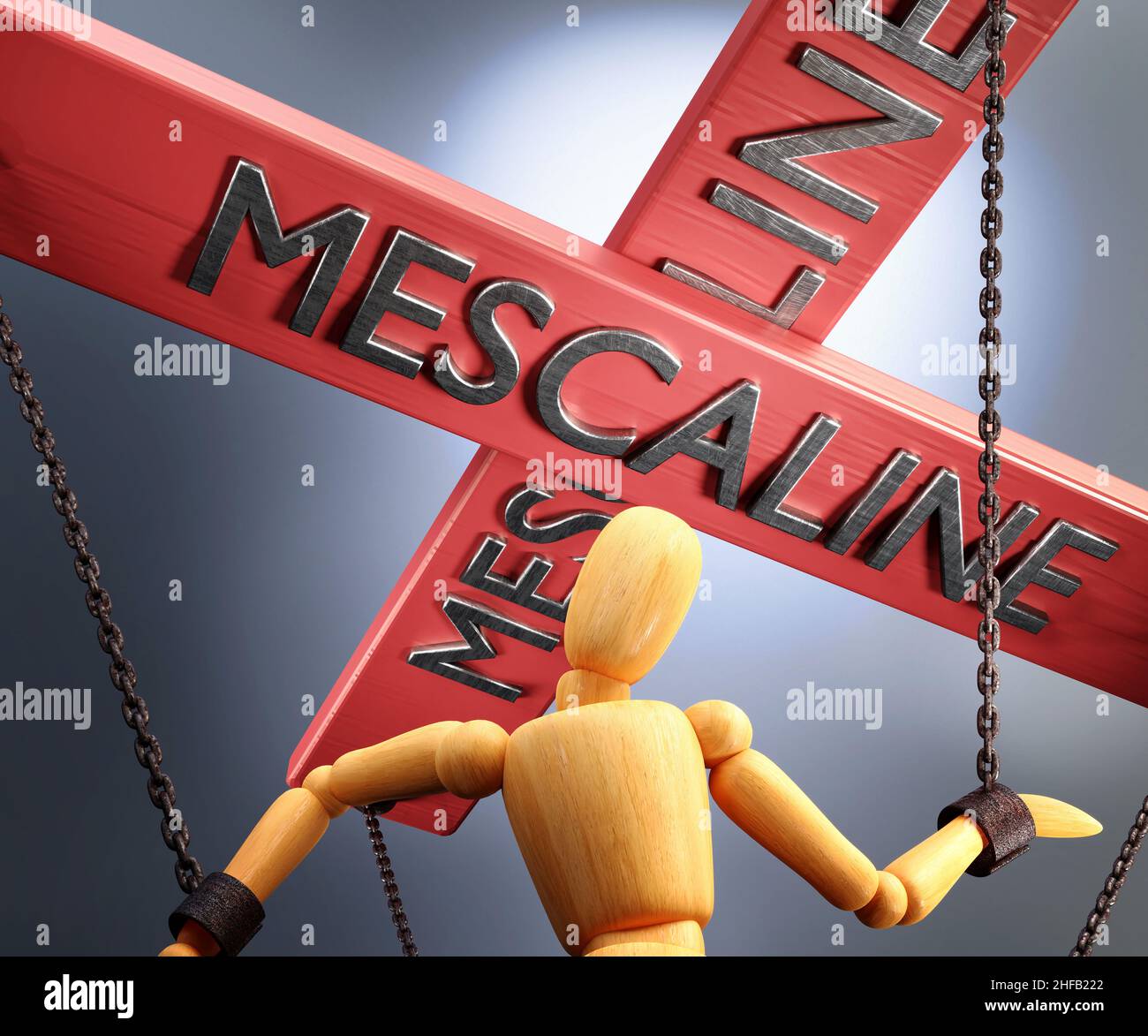 Meskalin-Kontrolle, Macht, Einfluss und Manipulation symbolisiert durch Steuerleiste mit dem Wort Meskalin, das die Saiten (Ketten) einer Holzpuppe zieht, 3D Stockfoto