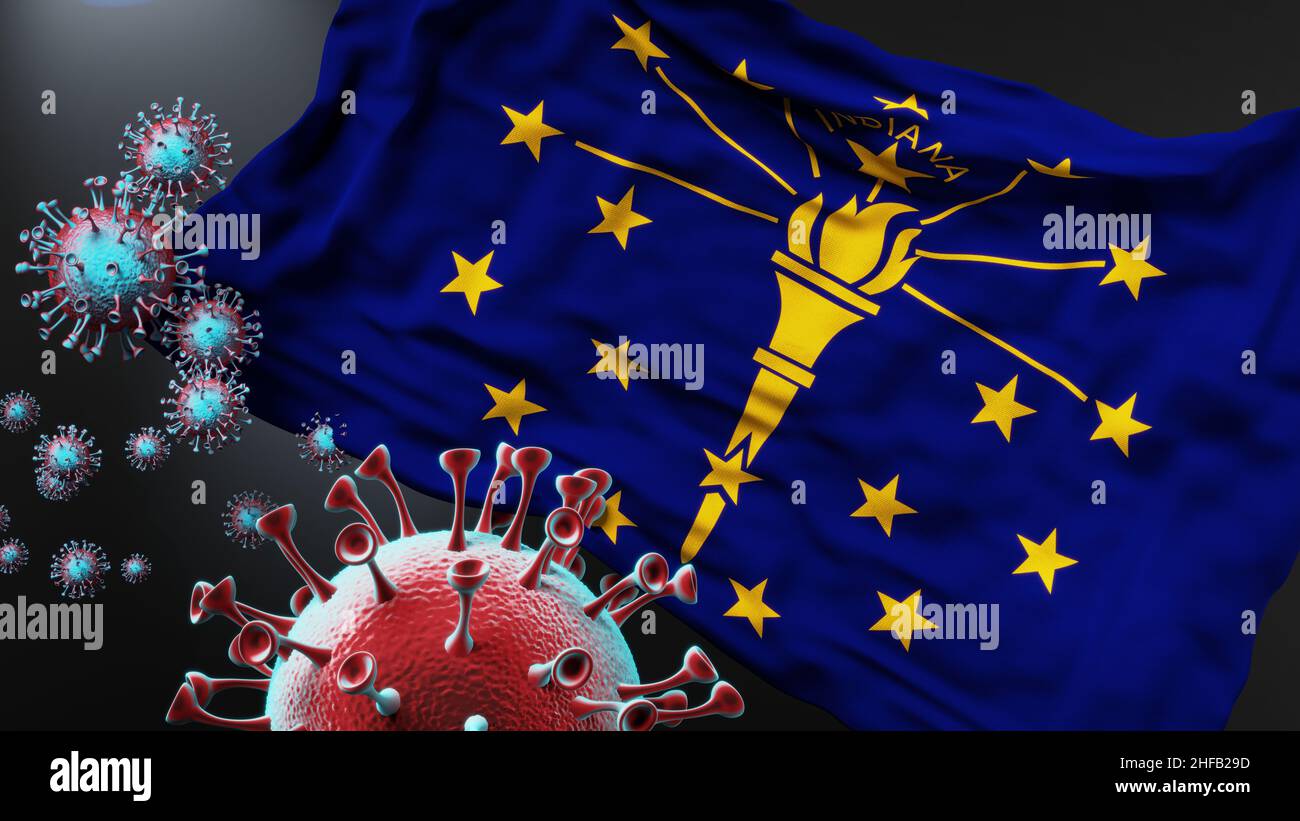 Indiana und covid Pandemie - Virus Angriff auf eine Staatsflagge von Indiana als Symbol für einen Kampf und Kampf mit der Virus-Pandemie in diesem Staat, 3D krank Stockfoto