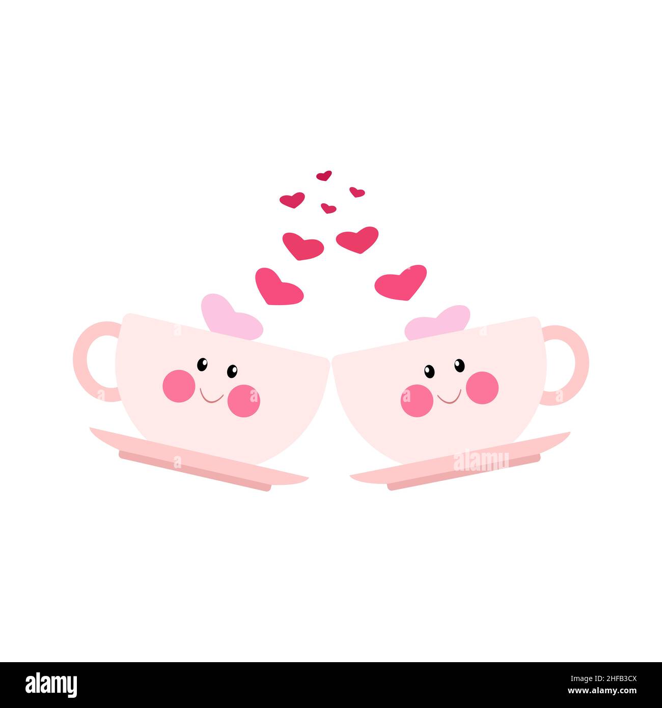 Zwei niedliche rosa Tassen mit Gesicht, Valentinstag. Vektor-Illustration im flachen Cartoon-Stil Stock Vektor