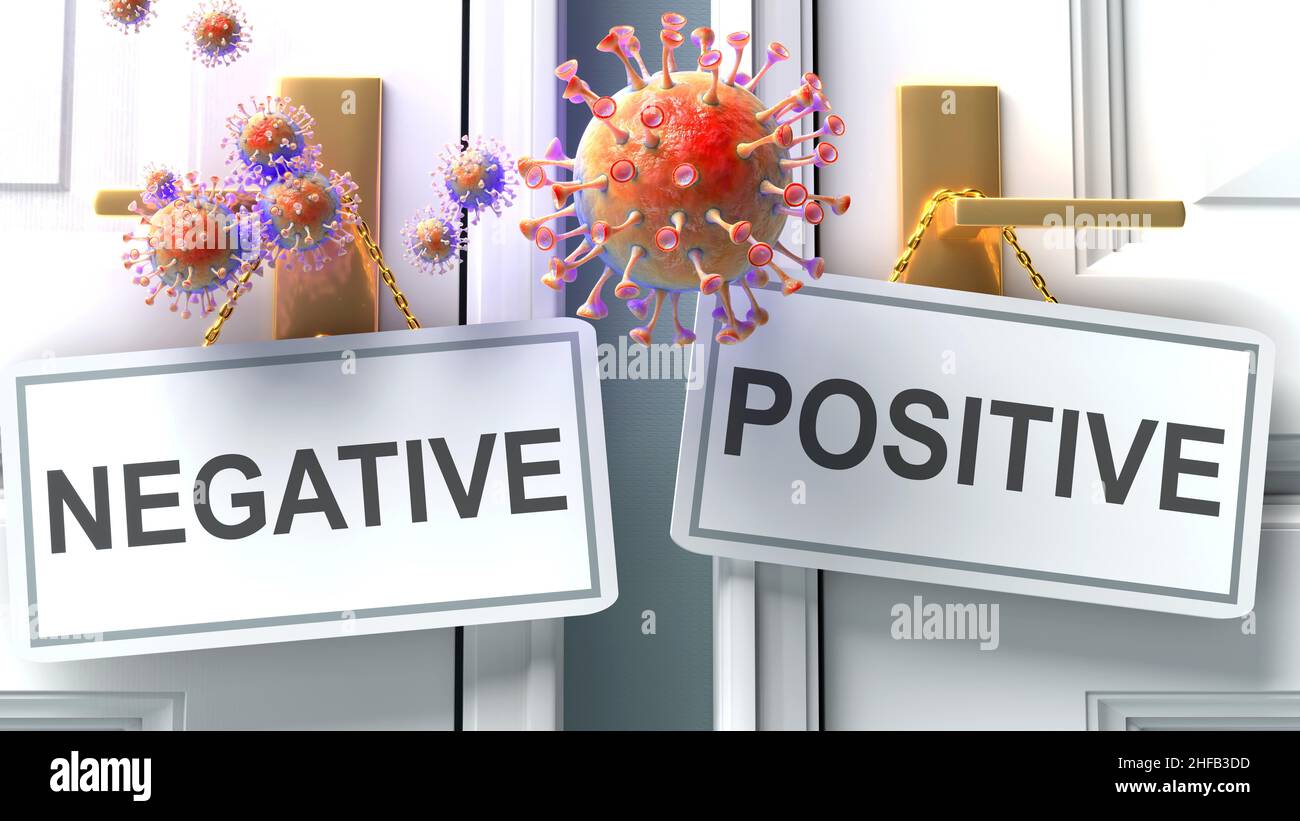 Covid negativ oder positiv – Ausgang einer Viruspandemie und zwei zukünftige Alternativen, die als „negativ“ und „positiv“ gekennzeichnet werden, 3D illustrat Stockfoto