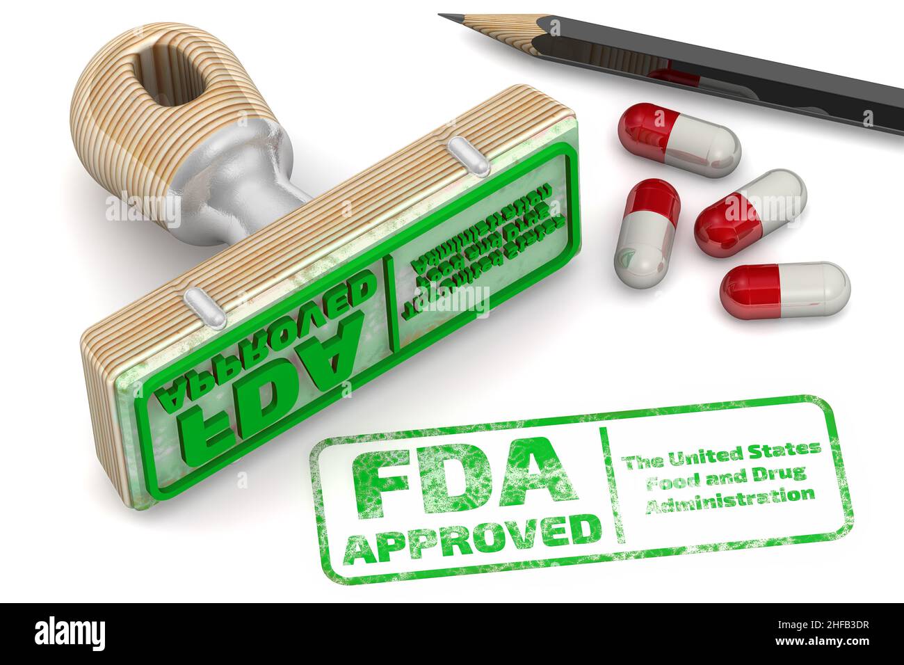 Grüner Stempel und ein von der FDA ZUGELASSENER Aufdruck auf weißer Oberfläche. Die FDA - U.S. Food and Drug Administration ist eine Bundesbehörde des US-Gesundheitsministeriums Stockfoto