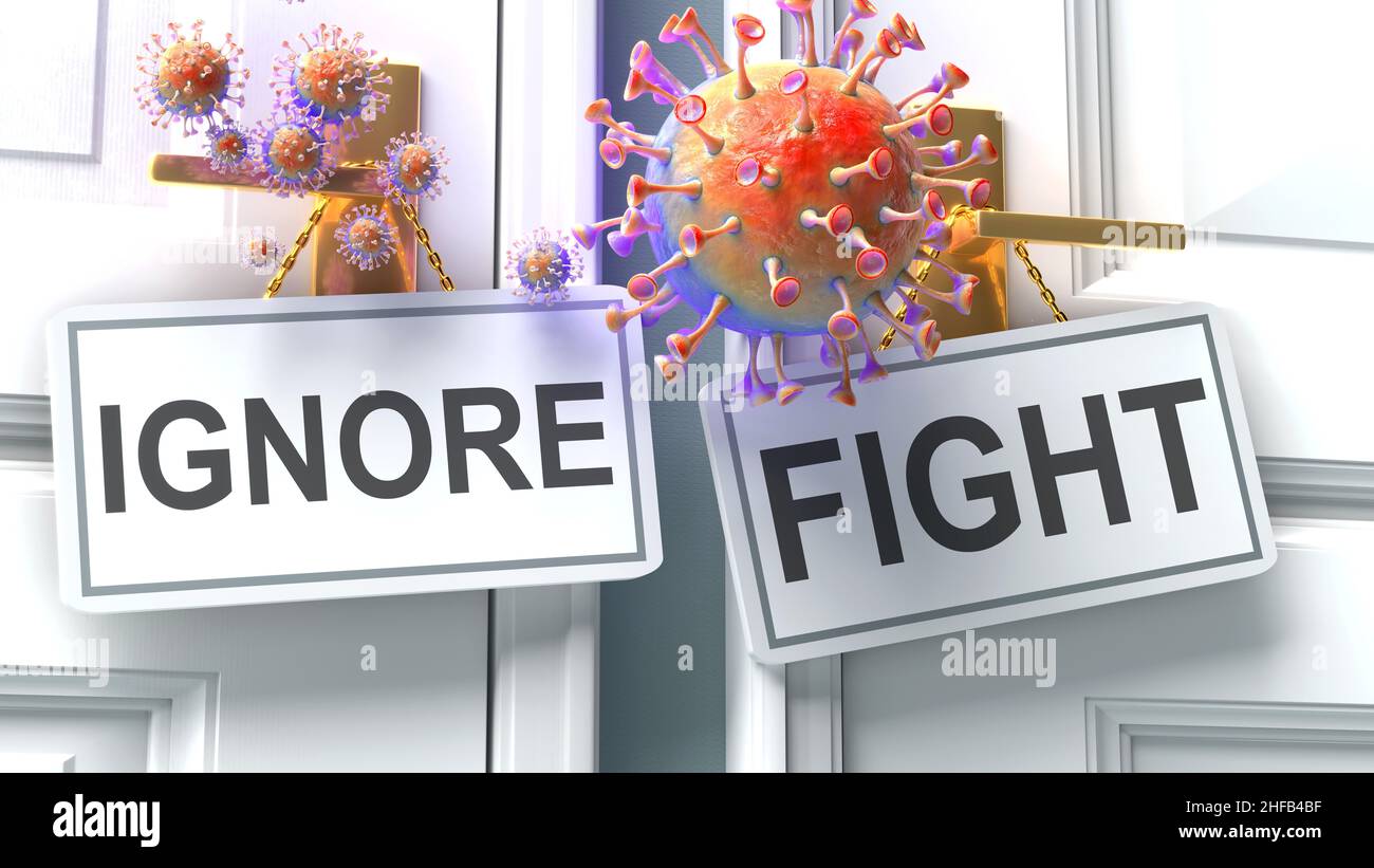 Covid ignorieren oder bekämpfen – Ausgang einer Viruspandemie und zwei zukünftige Alternativen, die als „ignorieren“ und „kämpfen“ Türklinke gekennzeichnet werden, abbildung 3D Stockfoto