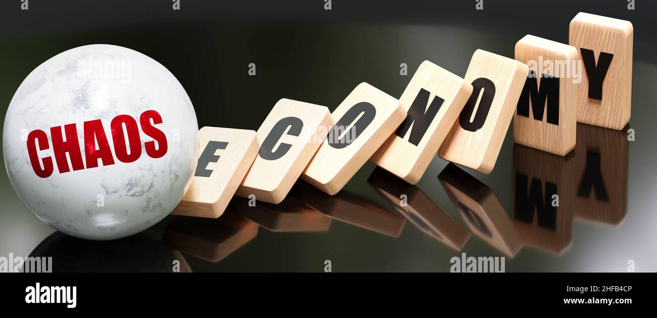 Chaos, Wirtschaft und Dominoeffekt - Kettenreaktion in der Wirtschaft, ausgelöst durch Chaos, was einen unvermeidlichen Sturz und globalen Zusammenbruch verursacht., 3D Illustration Stockfoto