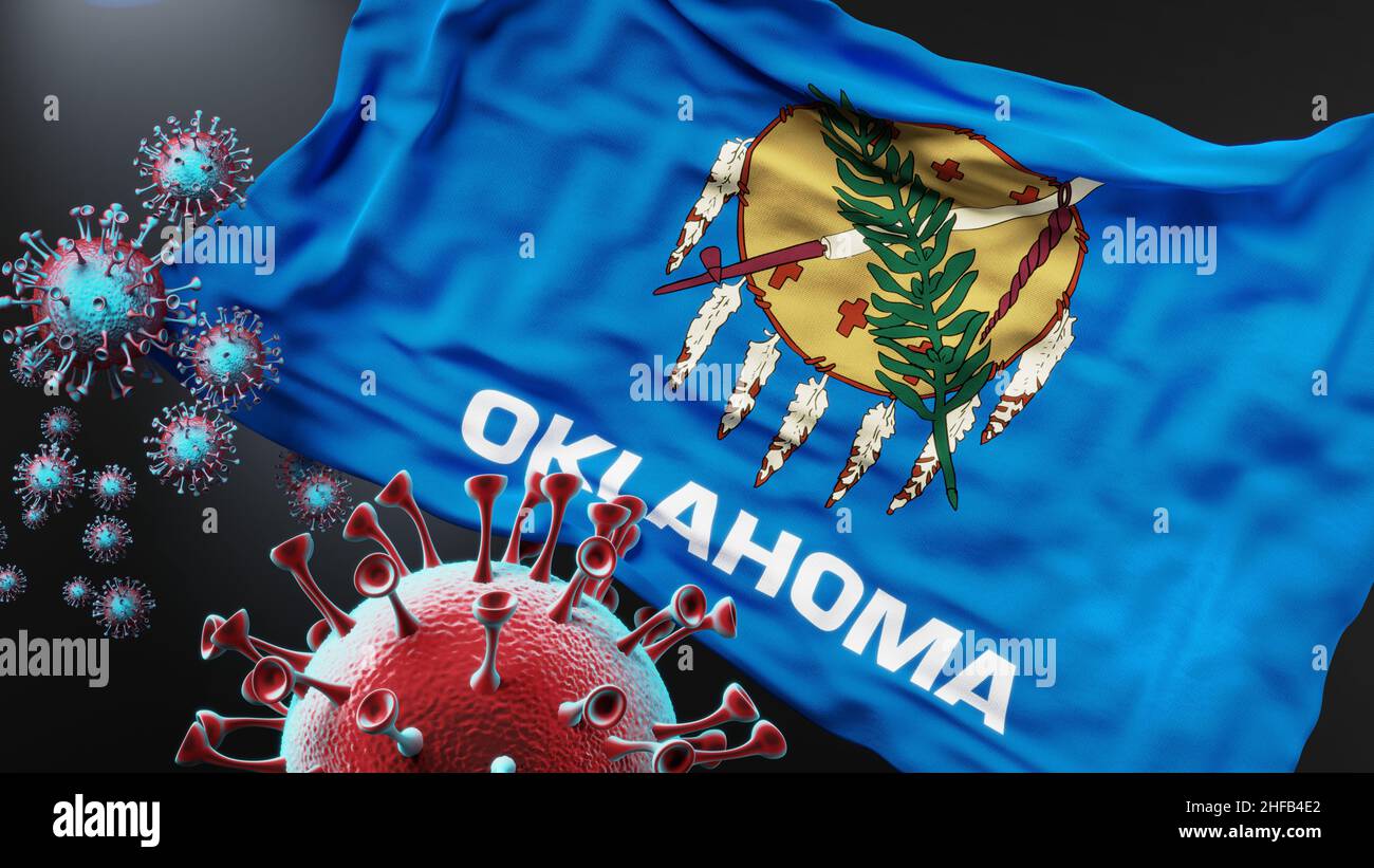 Oklahoma und covid Pandemie - Virus Angriff auf eine Staatsflagge von Oklahoma als Symbol für einen Kampf und Kampf mit der Virus-Pandemie in diesem Staat, 3D i Stockfoto