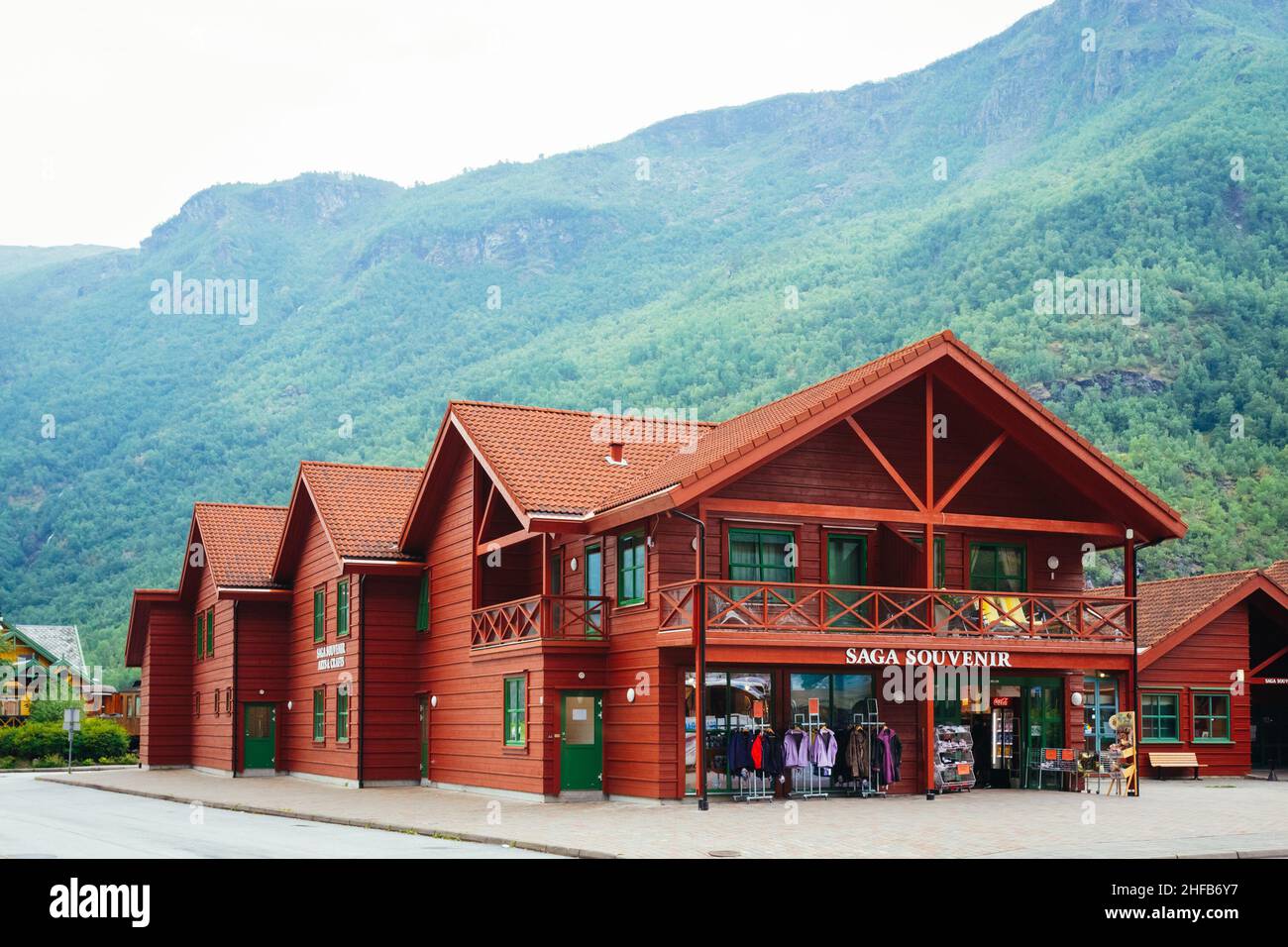 Flam Village In Norwegen. Holzhaus, Camping, Landhaus Stockfoto