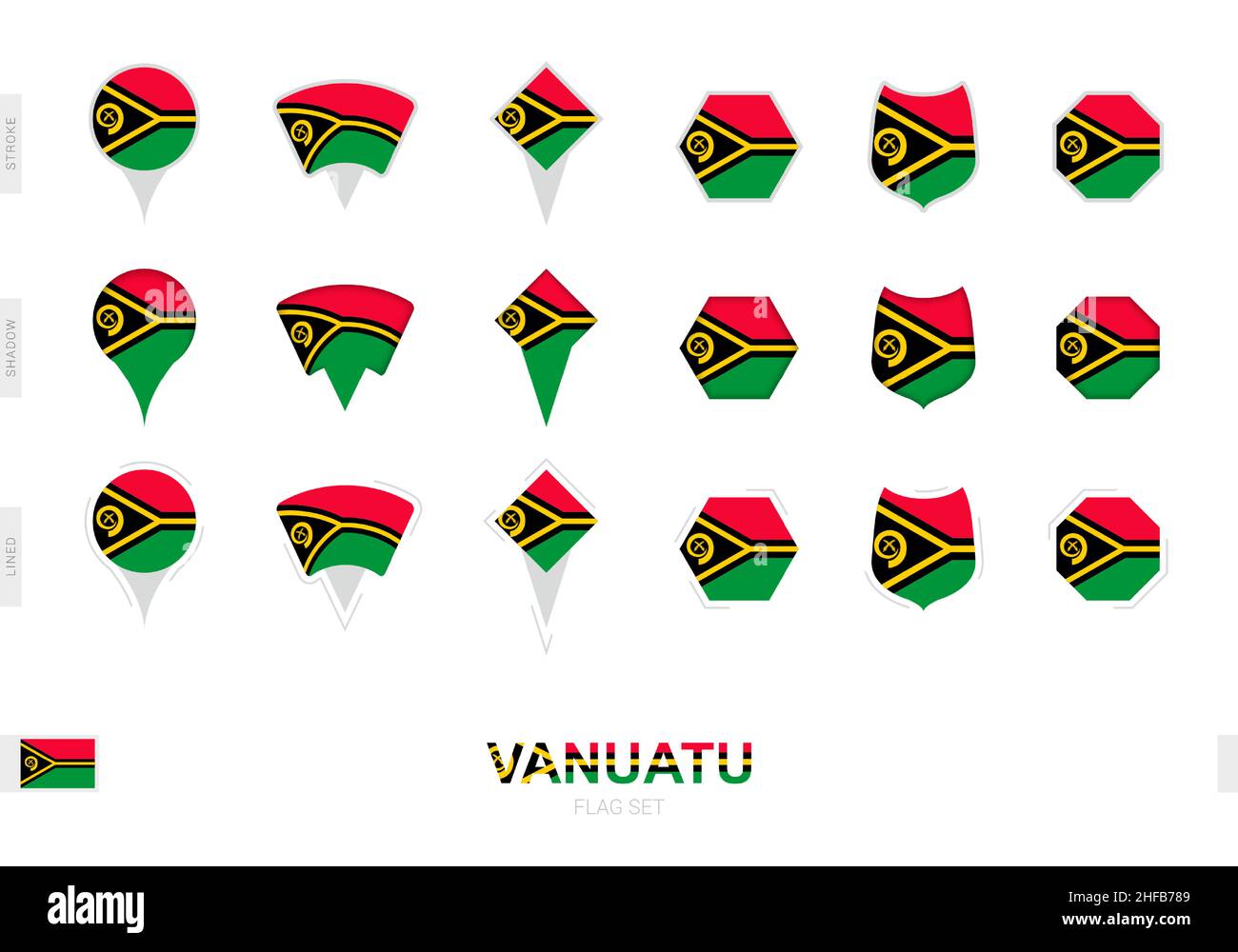 Sammlung der Vanuatu Flagge in verschiedenen Formen und mit drei verschiedenen Effekten. Vektorflagge gesetzt. Stock Vektor
