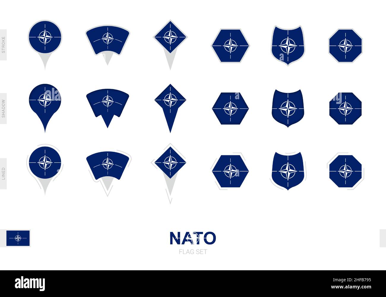 Sammlung der NATO-Flagge in verschiedenen Formen und mit drei verschiedenen Effekten. Vektorflagge gesetzt. Stock Vektor