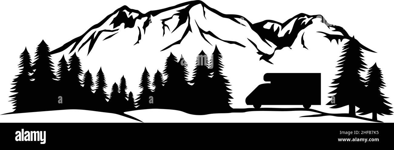 Landschaft - Camping in den Bergen mit LKW-Camper (Abenteuer-und Reise-Design).Vektor-Illustration. Stock Vektor