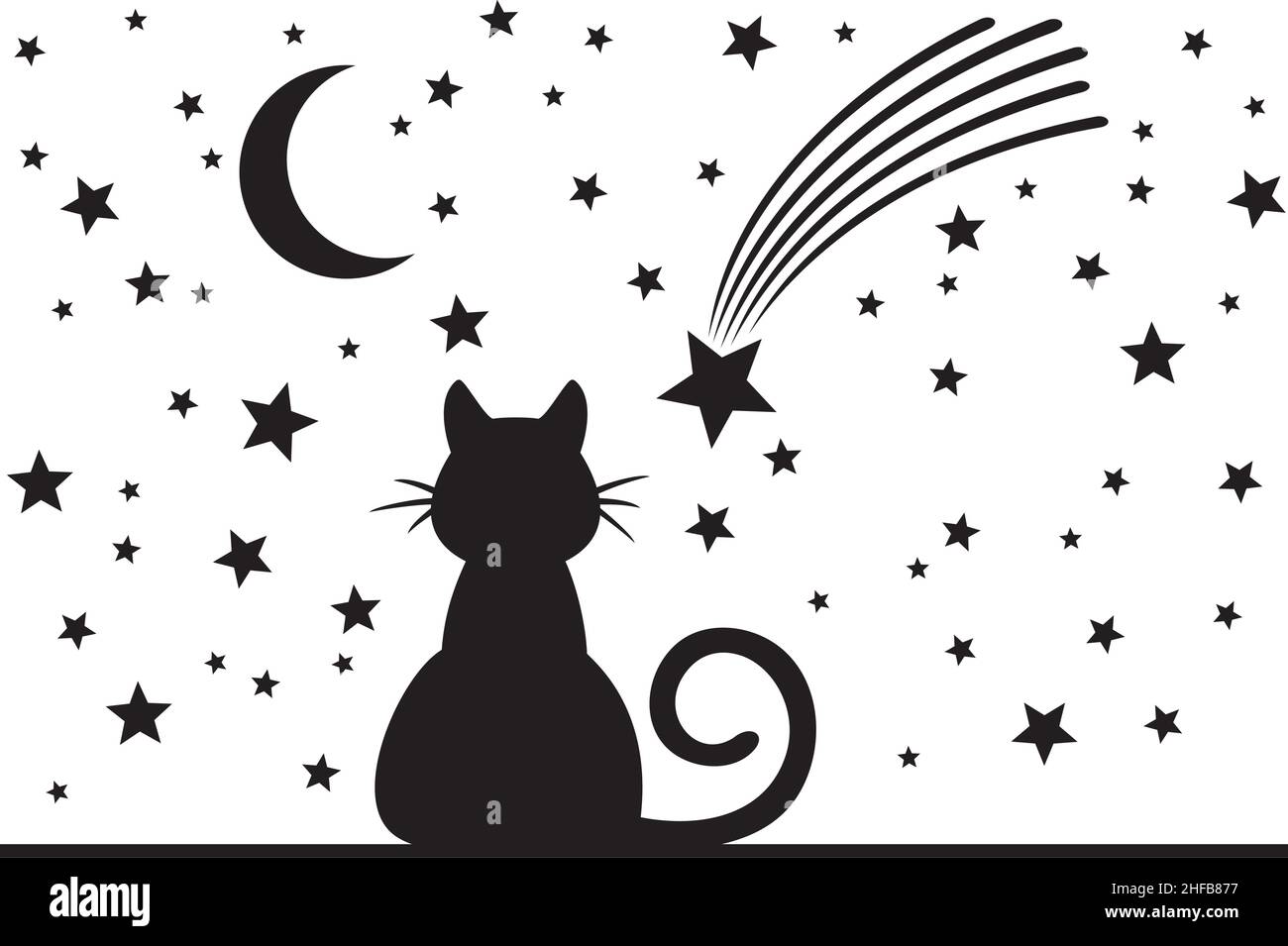 Katze, Mond und Sterne schwarz und weiß. Vektorgrafik. Stock Vektor