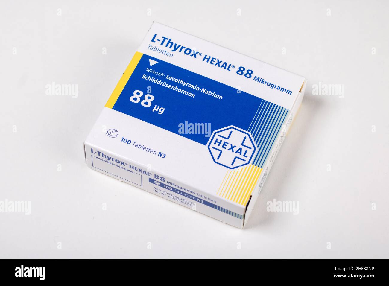 Neckargemuend, Deutschland: 06. Oktober 2021: Verpackung des verschreibungspflichtigen Medikaments L-Thyroxin Hexal, ein Levothyroxin-Präparat, ist eine hergestellte Form von t Stockfoto