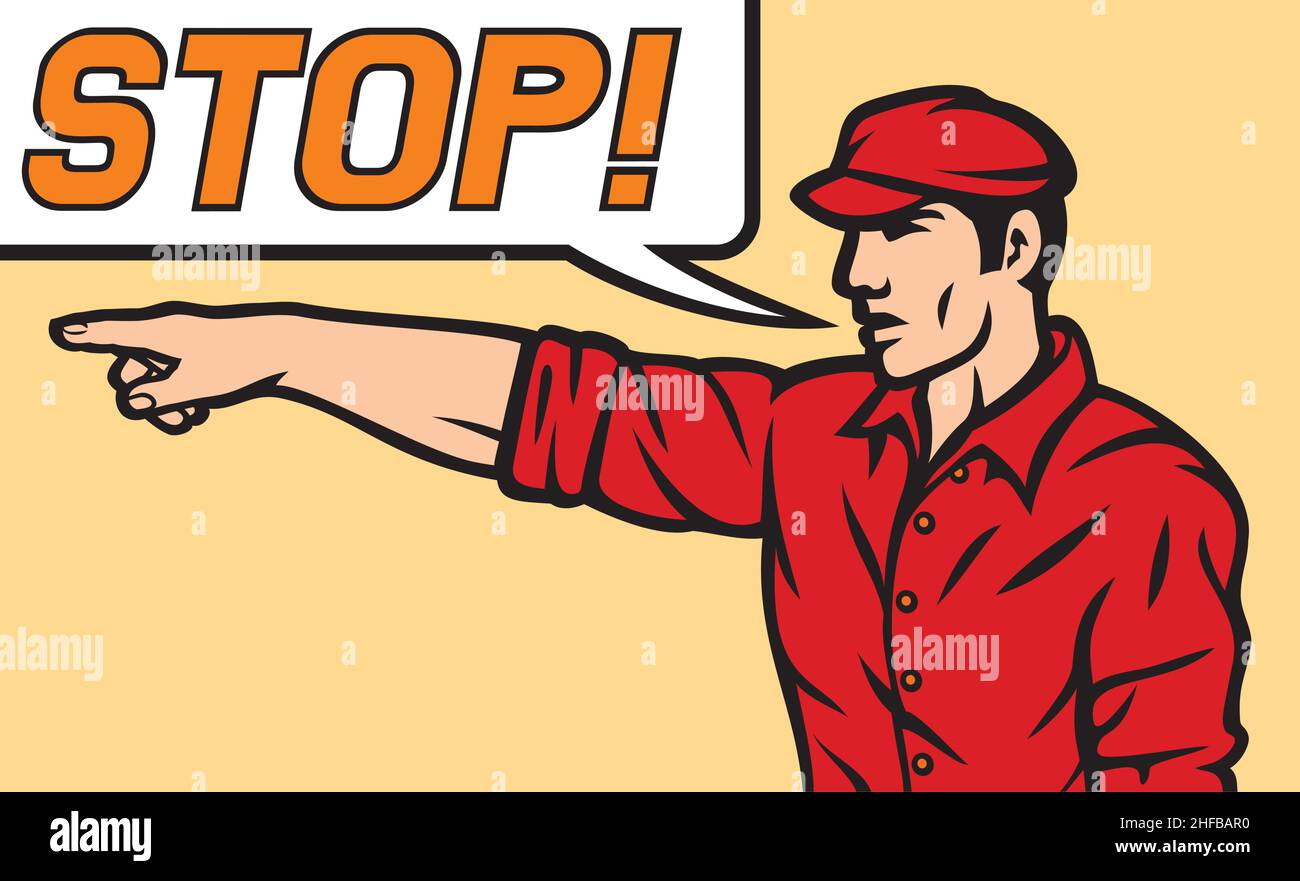 Arbeiter mit Sprechblase (Mann zeigt mit dem Finger). Vektorgrafik. Stock Vektor