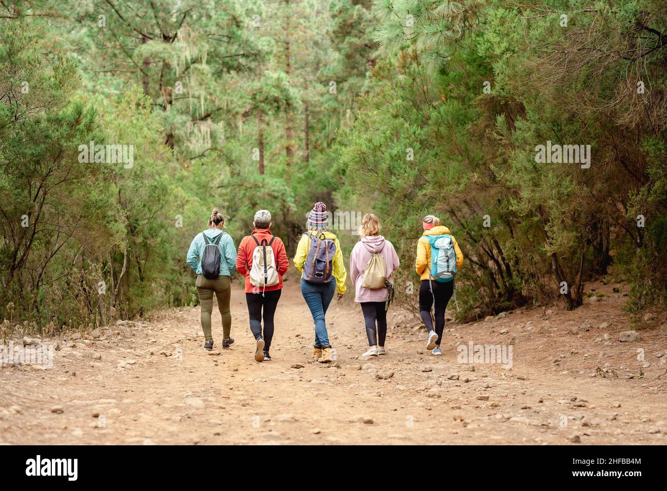 Gruppe von Frauen, die Spaß beim Wandern im Wald haben - Abenteuer und Reisen Menschen Konzept Stockfoto