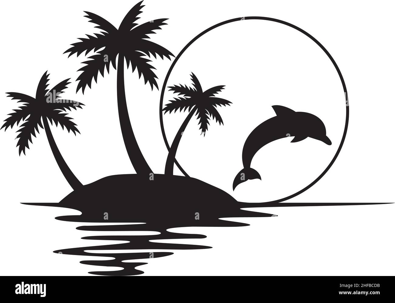 Abbildung einer tropischen Insel mit Palmen, Sonnenuntergang und Delphin (Sommerdesign) Stock Vektor