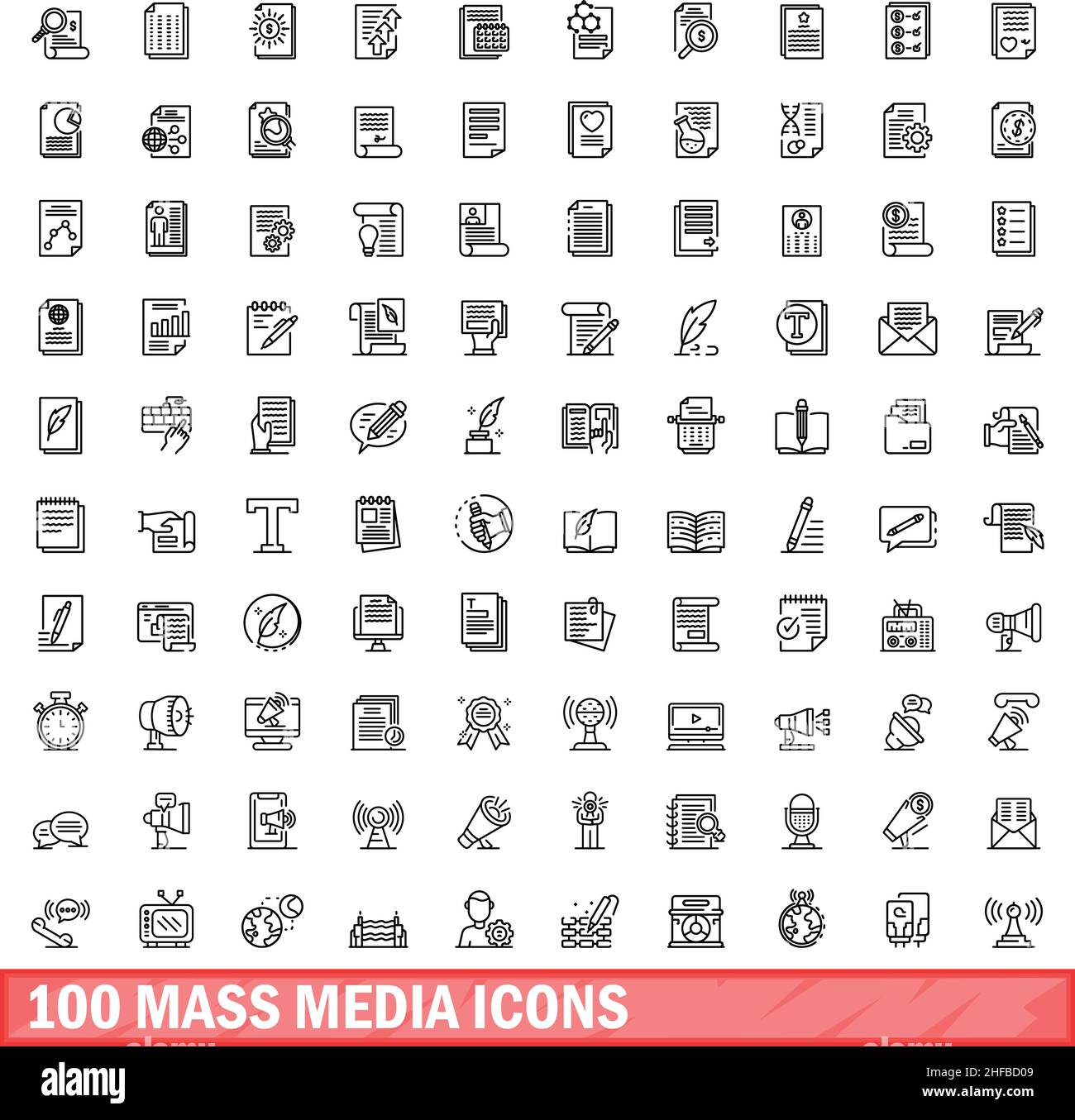 100 Symbole für Massenmedien eingestellt. Skizzieren Sie die Darstellung von 100 Symbolen für Massenmedien, die auf weißem Hintergrund isoliert sind Stock Vektor