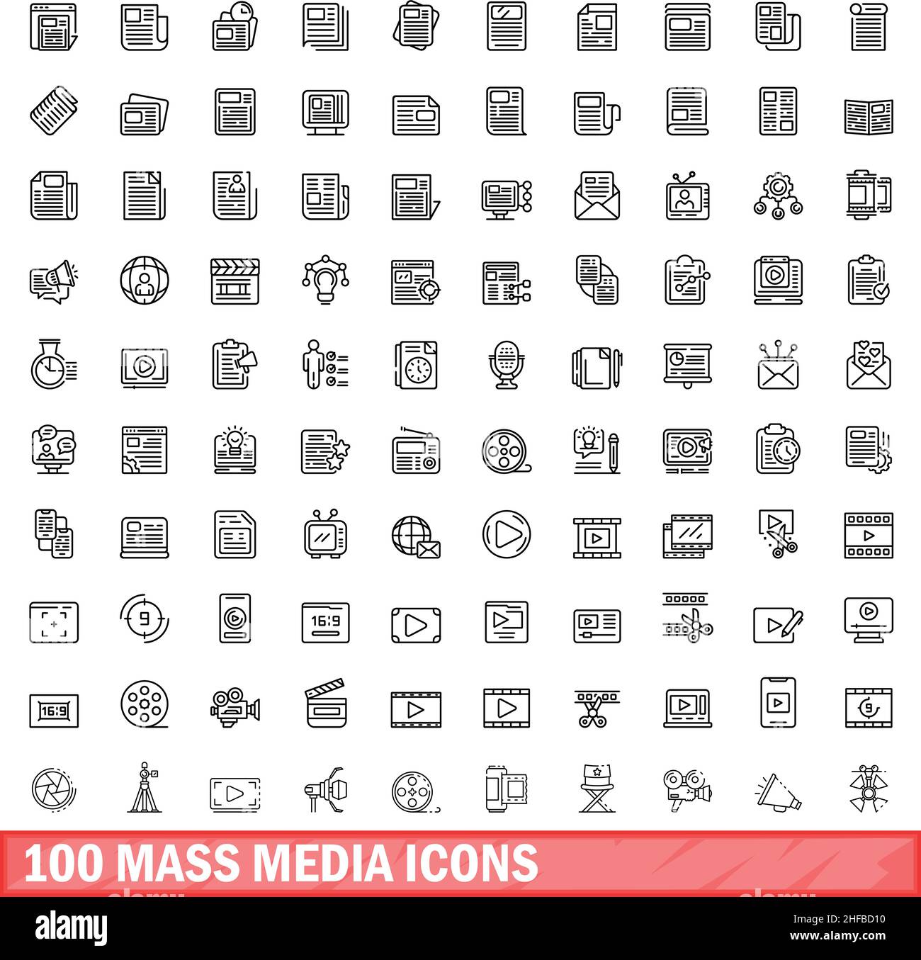 100 Symbole für Massenmedien eingestellt. Skizzieren Sie die Darstellung von 100 Symbolen für Massenmedien, die auf weißem Hintergrund isoliert sind Stock Vektor