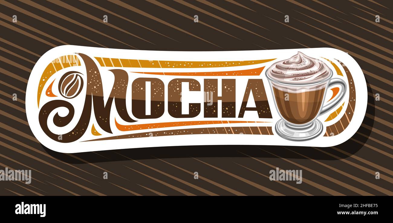 Vector Banner für Mocha Coffee, Illustration von einer Glastasse mit klassischem Kaffeegetränk und Softserve Dessert up, weißes dekoratives Schild für c Stock Vektor