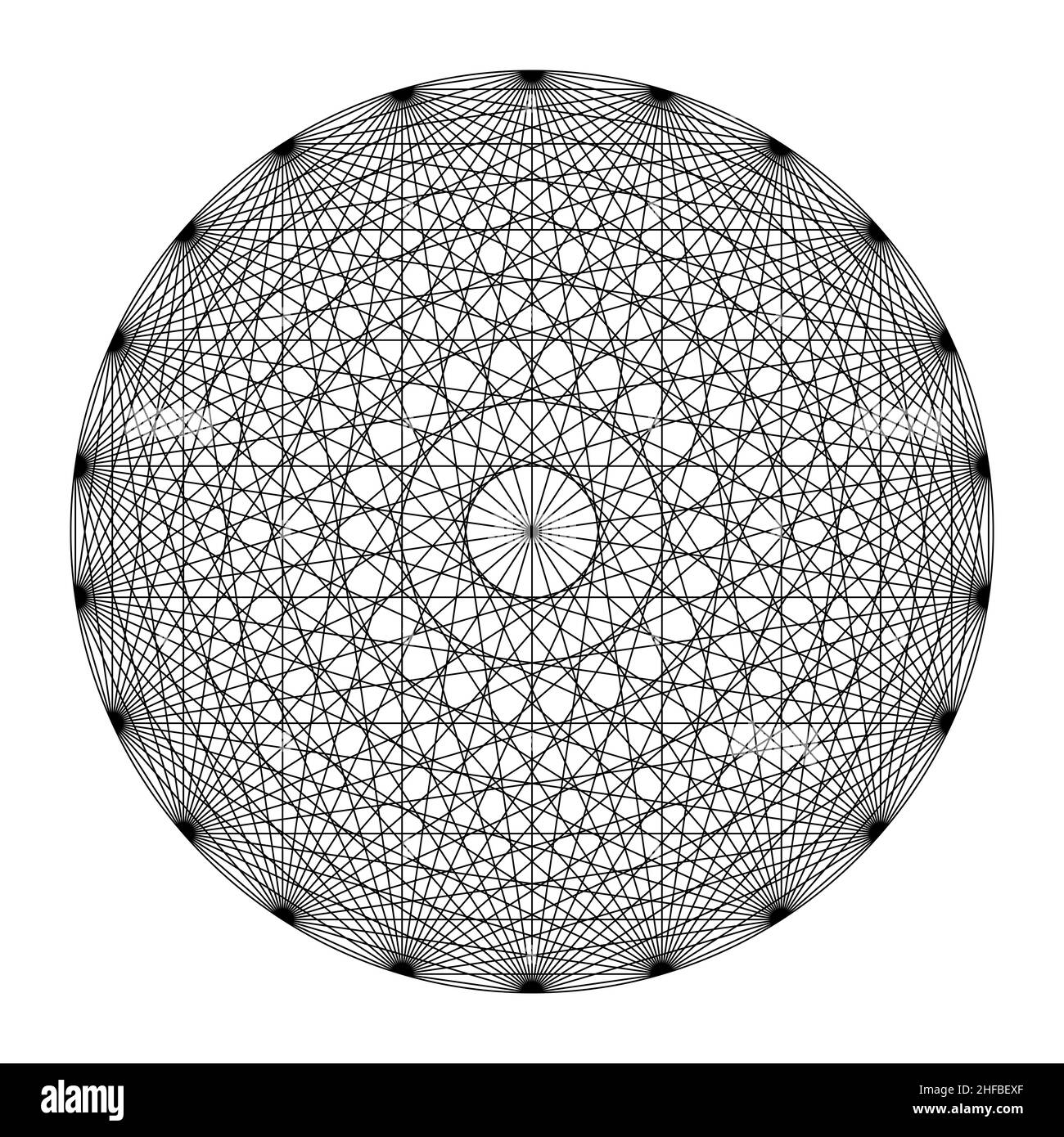 Kreis mit zweiundzwanzig Punkten, alle mit Linien verbunden, zeigt eine Mandala-ähnliche Symmetrie. Heilige Geometrie nach den 231 Türöffnungen von G. Postel. Stockfoto