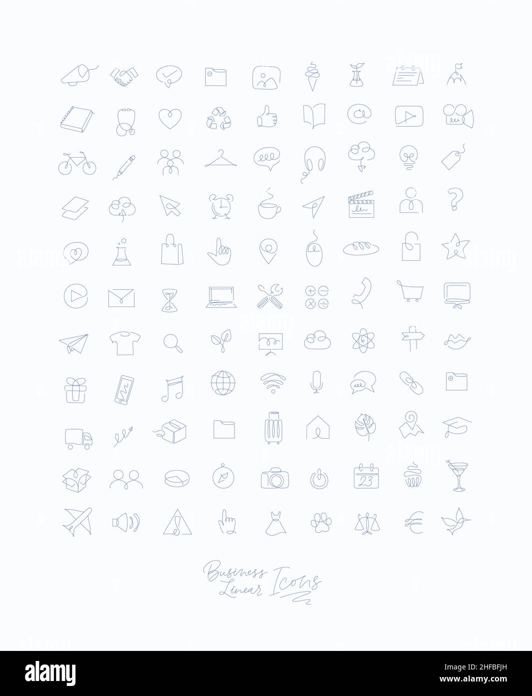 Minimalistische lineare Symbole für Geschäftszeichnungen mit blauen Linien auf weißem Hintergrund. Stock Vektor