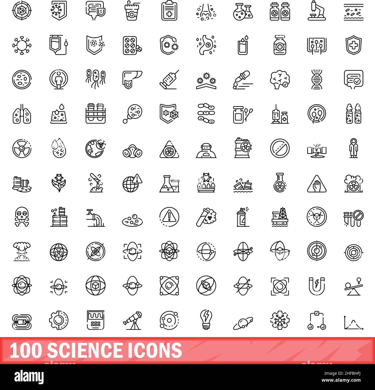 100 Wissenschaftssymbole eingestellt. Skizzieren Sie die Darstellung von 100 Wissenschaftssymbolen, die auf weißem Hintergrund isoliert sind Stock Vektor