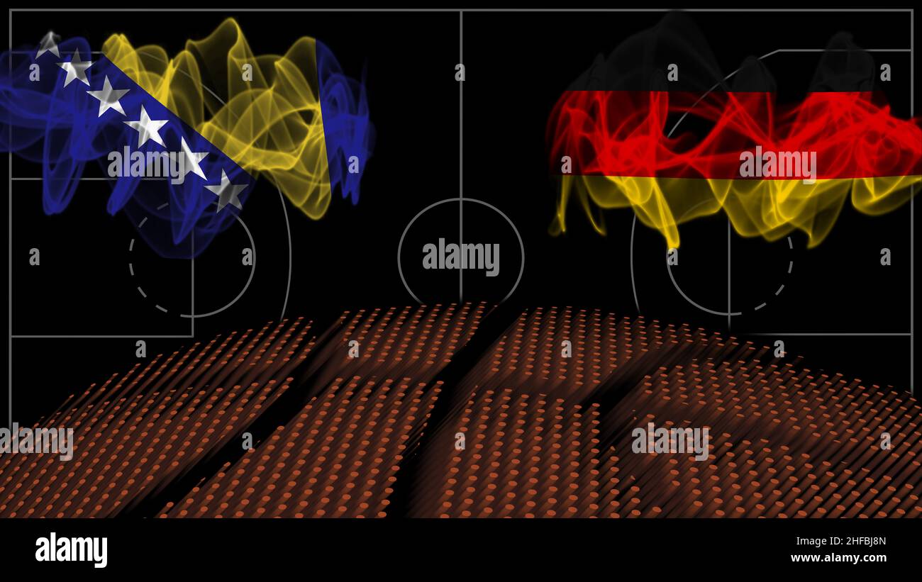 Bosnien und Herzegowina gegen Deutschland Basketball, Rauchflagge, Sportspiel Stockfoto