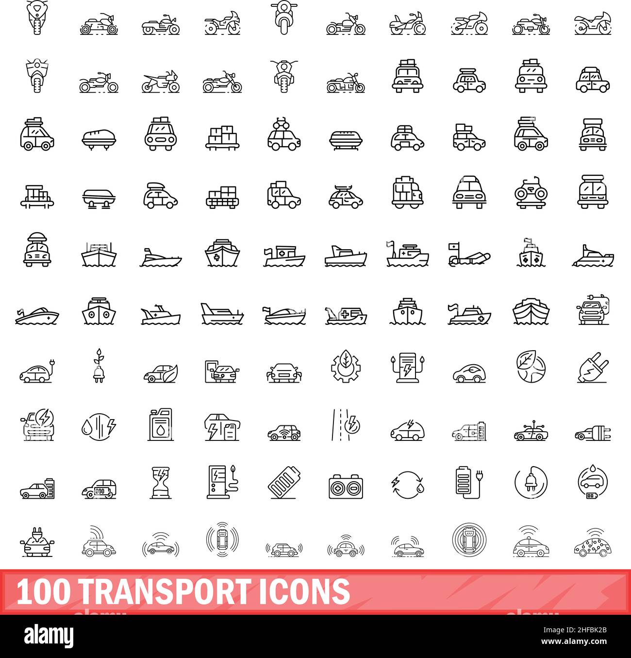 100 Transportsymbole eingestellt. Skizzieren Sie die Darstellung von 100 Transportsymbolen, die auf weißem Hintergrund isoliert sind Stock Vektor