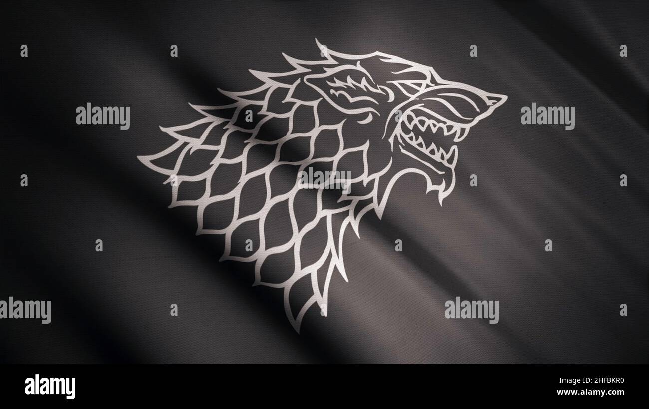 Schwarzer Wolf grinst Silhouette auf flatternden abstrakten Flagge der grauen Farbe, nahtlose Schleife. Monochromer Direwolf als Emblem des stark House, Thronspiel Stockfoto