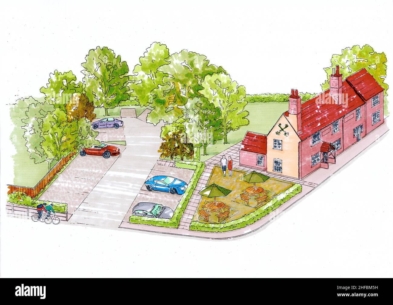 Skizze von oben für ein Restaurant mit Garten und Parkplatz. Stockfoto