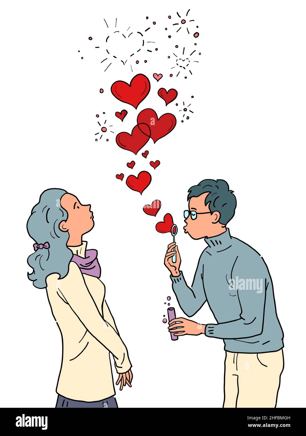 Ein junger Mann und ein Mädchen, die sich in Valentinstag und Seifenblasen verliebt haben Stock Vektor