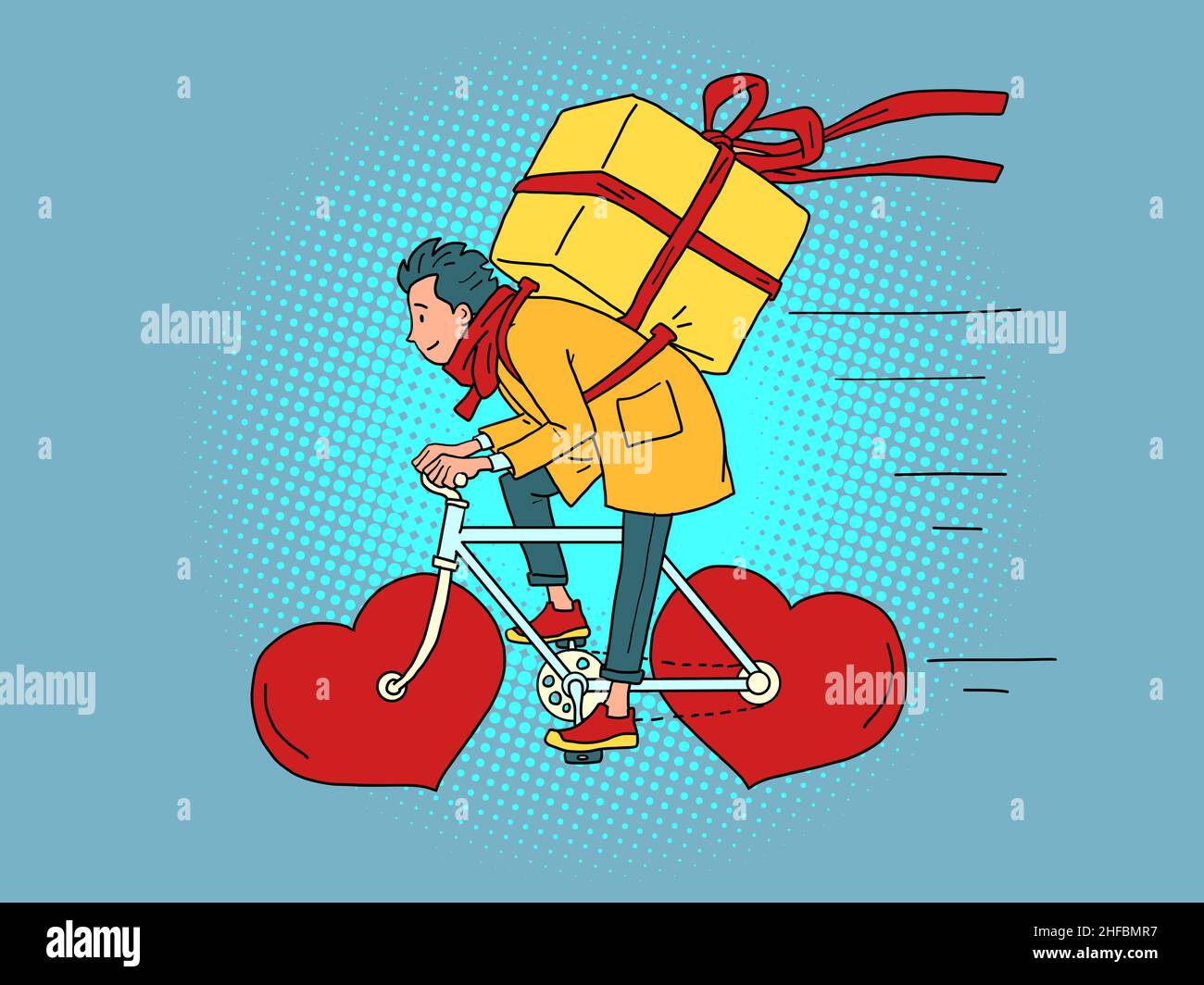Lieferung von Lebensmitteln per Kurier auf einem Fahrrad, Valentinstag. Rotes Herz statt Räder Stock Vektor