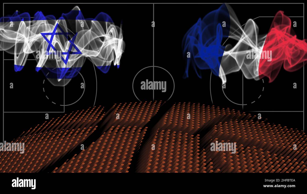 Israel gegen Frankreich Basketball, Rauchflagge, Sportspiel Stockfoto
