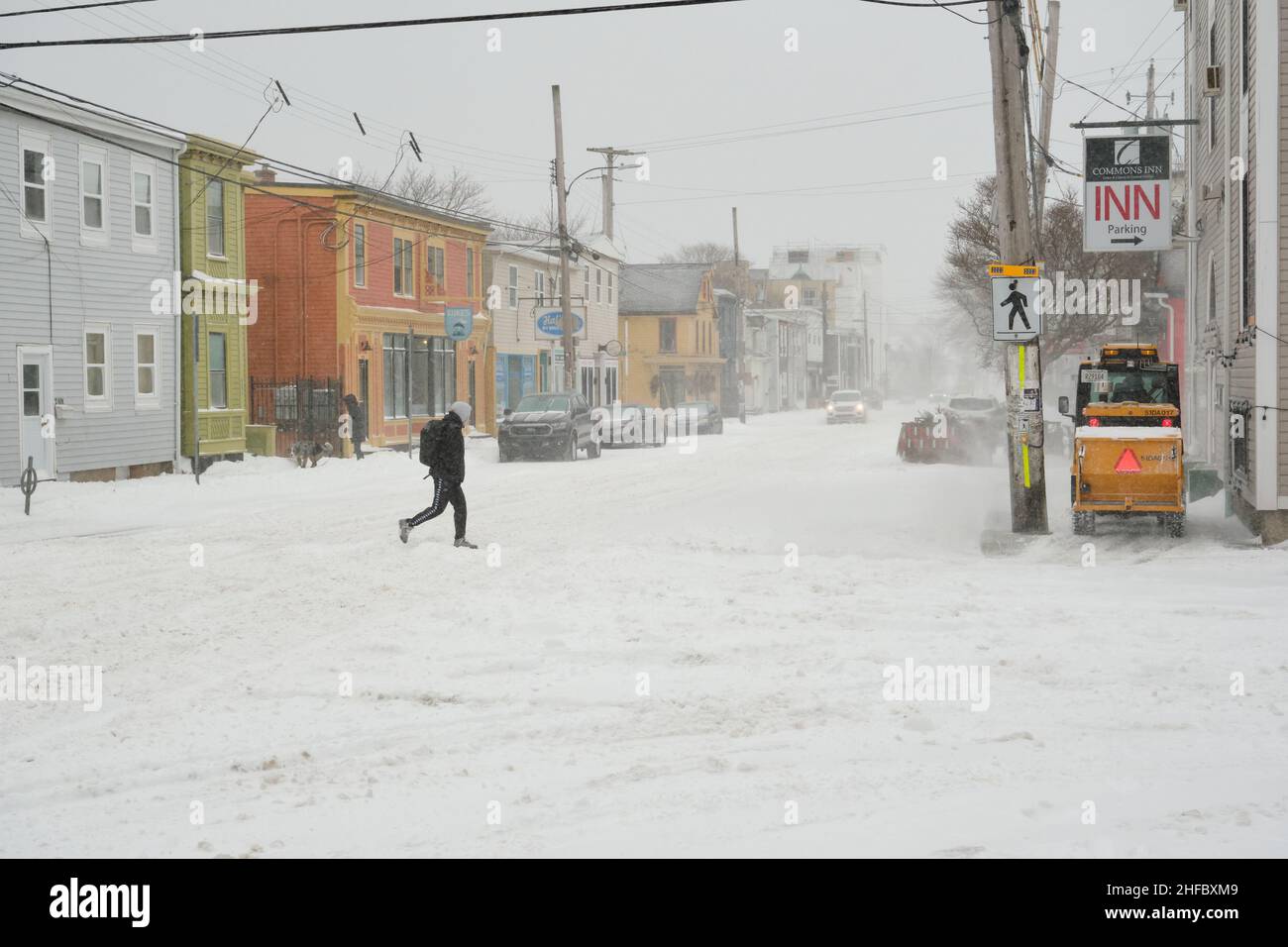 Halifax, Nova Scotia, Kanada. 15th. Januar 2022. Ein massives Wettersystem traf die Provinz über Nacht, mit einer Mischung aus Regen, Schnee und Wind bis zu 100km/h, was zu einer Reihe von Straßensperrung führte, Stockfoto
