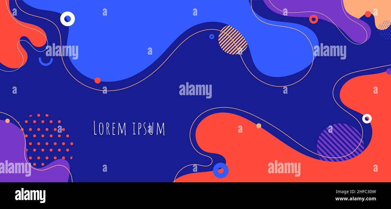Abstrakter Hintergrund flüssige organische Formen dynamische Wellen und Kreise, Linien auf blauem Hintergrund. Vektorgrafik Stock Vektor