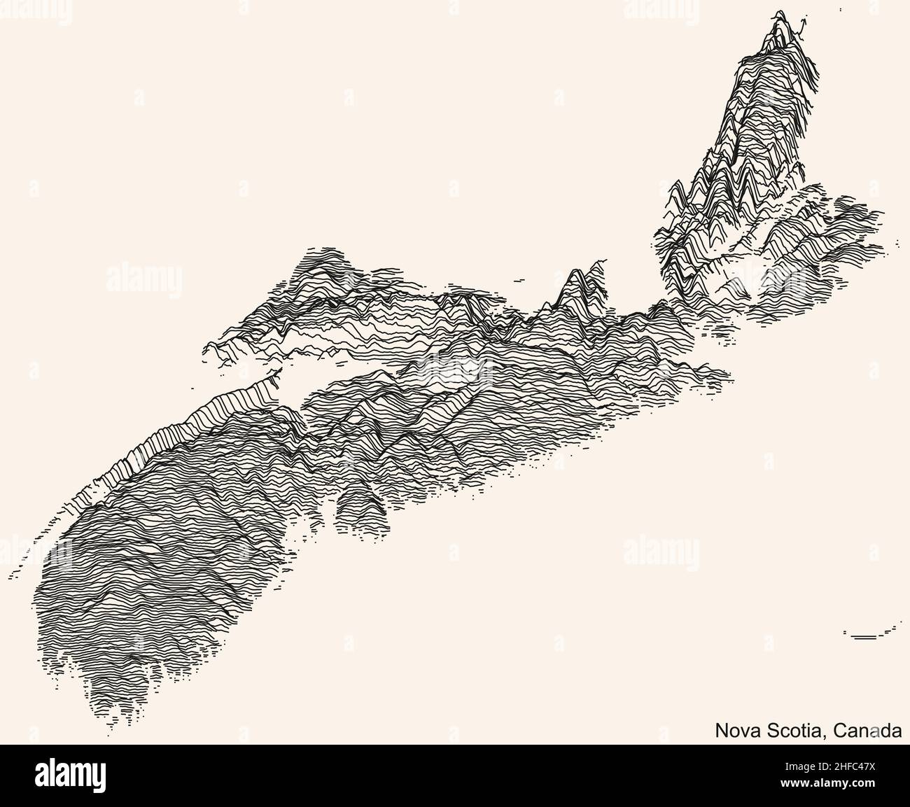 Topographische Reliefkarte der kanadischen Provinz NOVA SCOTIA, KANADA mit schwarzen Konturlinien auf beigem Hintergrund Stock Vektor
