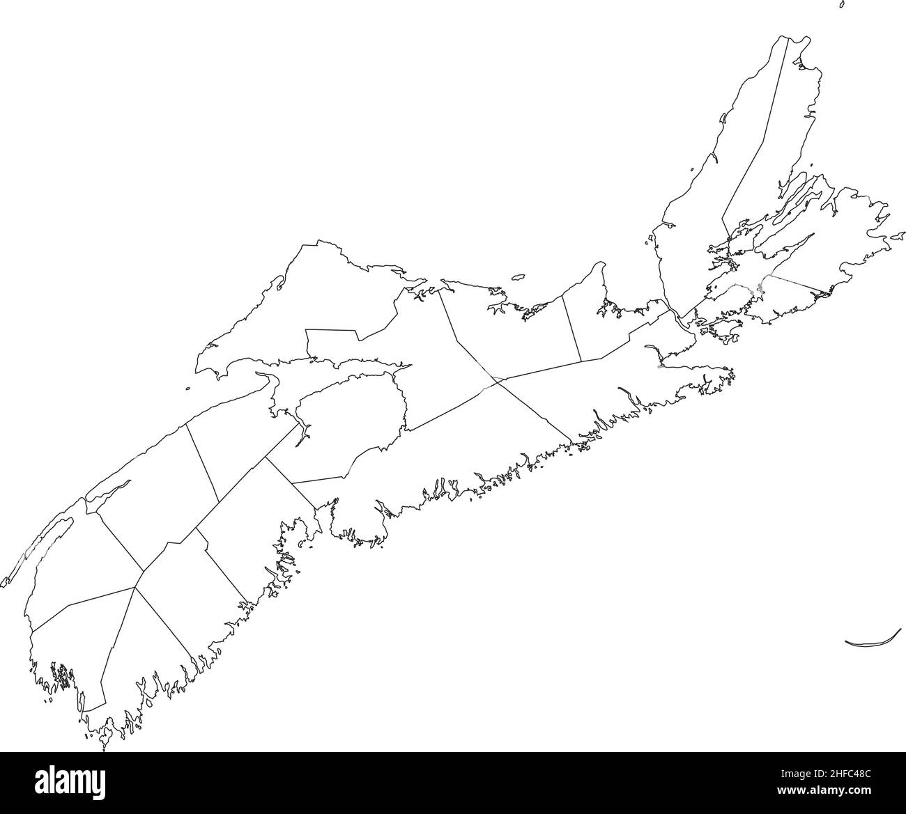 Weiße flache leere Vektor-Verwaltungskarte der Grafschaften der kanadischen Provinz NOVA SCOTIA, KANADA mit schwarzen Grenzlinien ihrer Grafschaften Stock Vektor