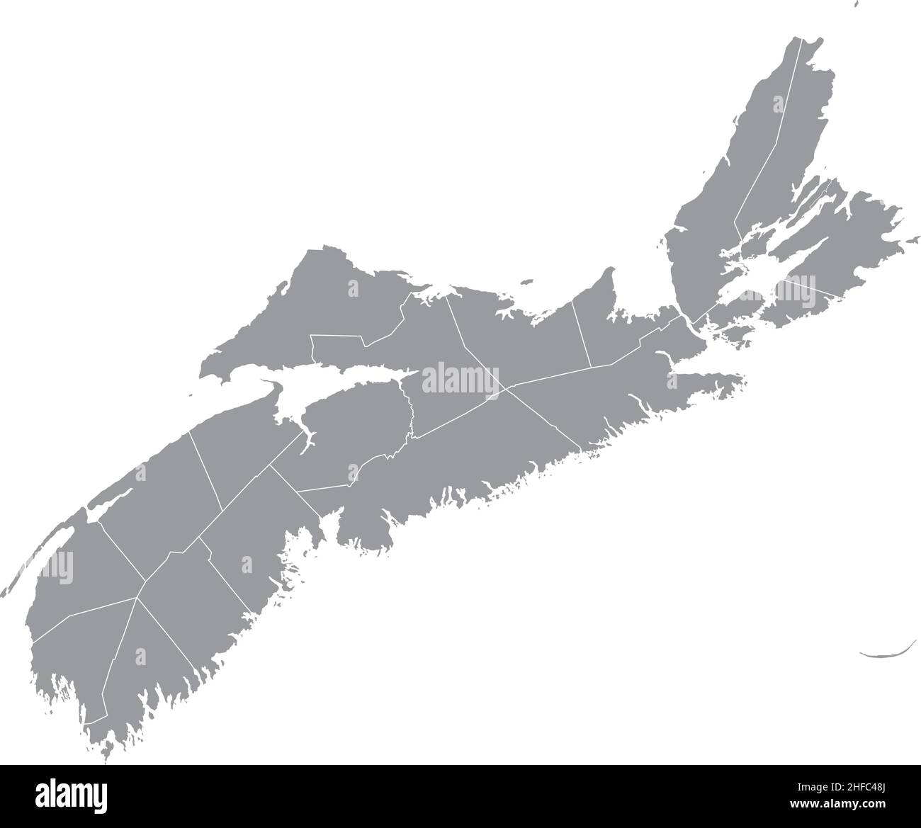 Grau flache leere Vektor-Verwaltungskarte der Grafschaften der kanadischen Provinz NOVA SCOTIA, KANADA mit weißen Grenzlinien seiner Grafschaften Stock Vektor