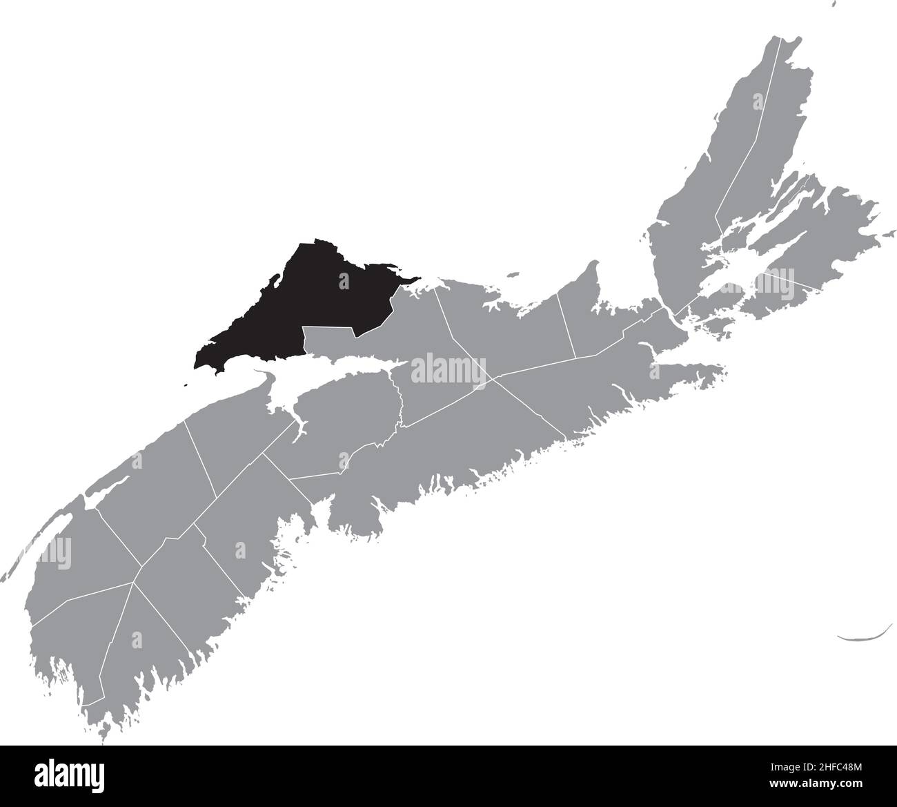 Schwarz flach leer markiert Lageplan des CUMBERLAND COUNTY in grauer Verwaltungskarte der Grafschaften der kanadischen Provinz Nova Scotia, CAN Stock Vektor