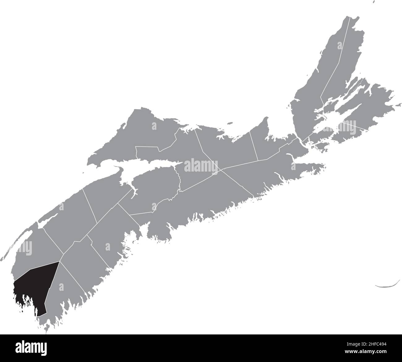 Schwarz flach leer markiert Lageplan des YARMOUTH COUNTY innerhalb grauer Verwaltungskarte der Grafschaften der kanadischen Provinz Nova Scotia, Canad Stock Vektor