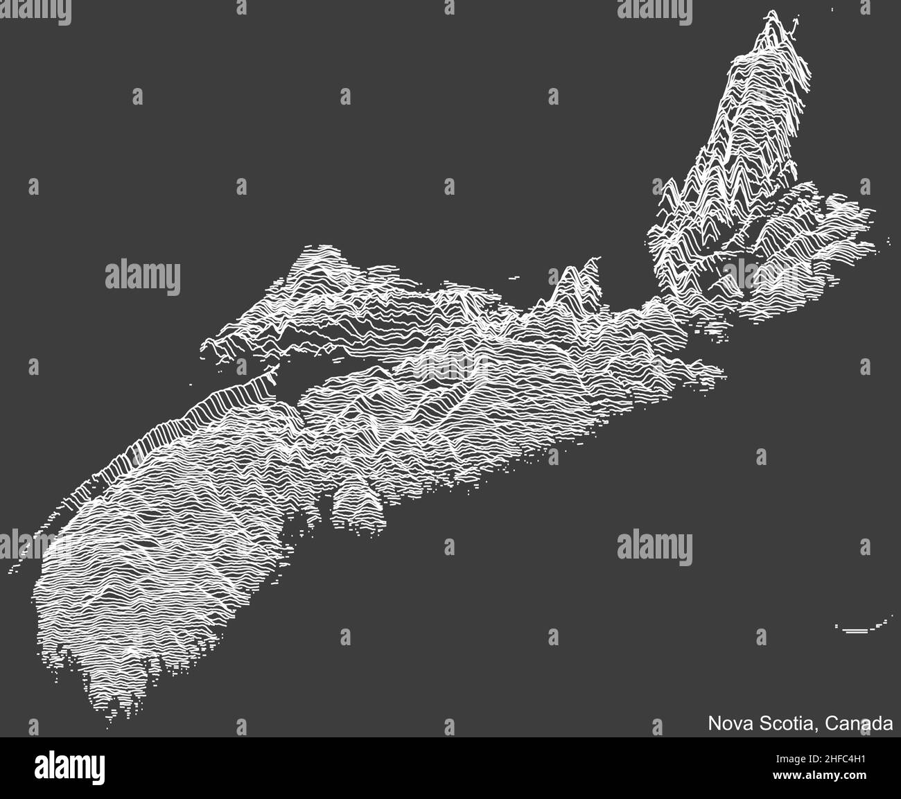 Topographische Negativrelief-Karte der kanadischen Provinz NOVA SCOTIA, KANADA mit weißen Konturlinien auf dunkelgrauem Hintergrund Stock Vektor