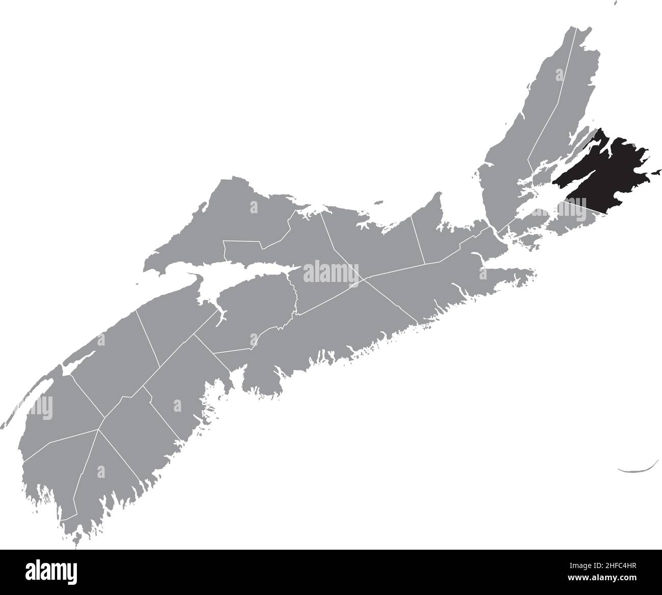 Schwarz flach leer hervorgehobene Lagekarte des CAPE BRETON COUNTY in grauer Verwaltungskarte der Grafschaften der kanadischen Provinz Nova Scotia, ca. Stock Vektor