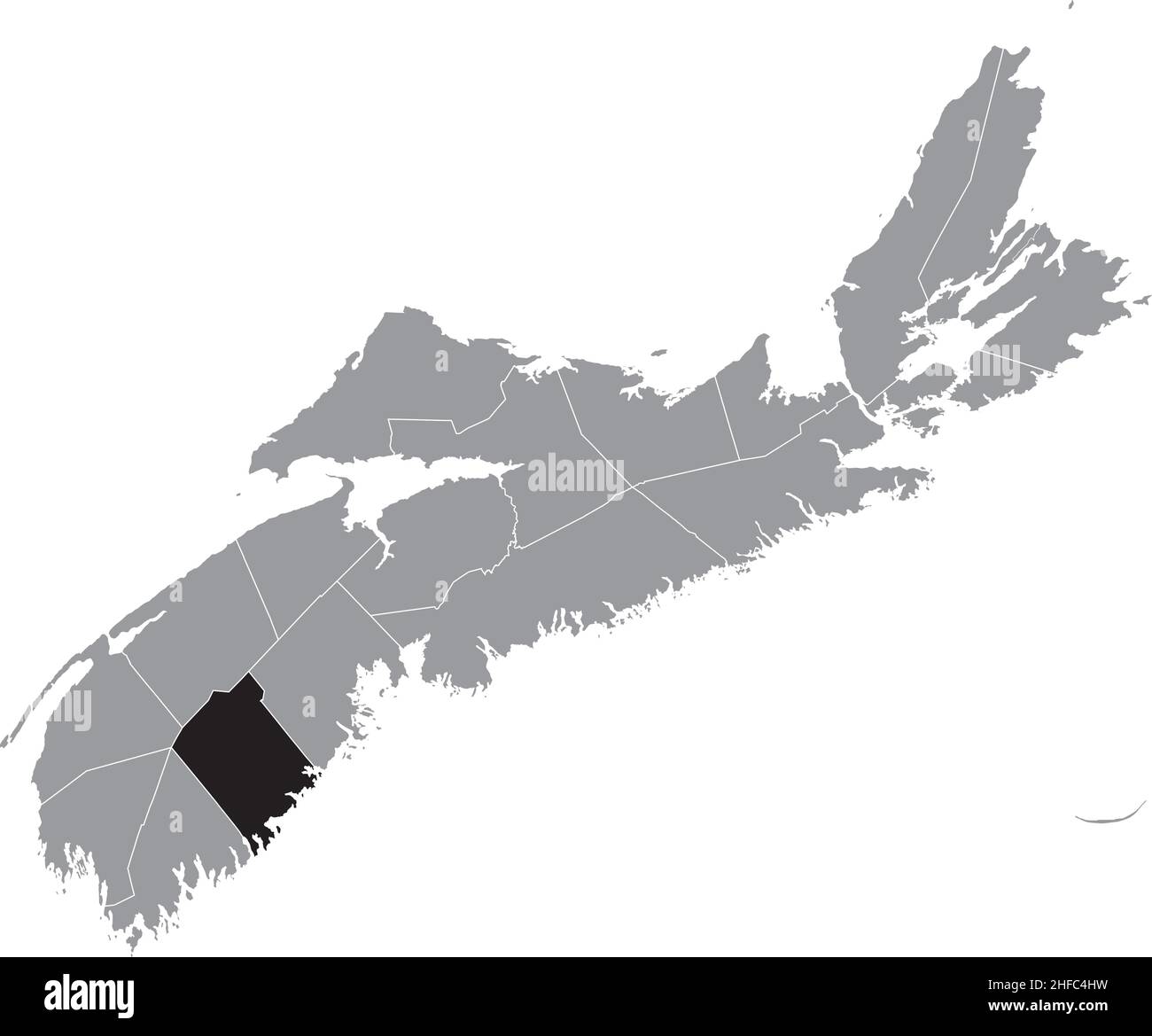 Schwarz flach leer markiert Lageplan des QUEENS COUNTY in grauer Verwaltungskarte der Grafschaften der kanadischen Provinz Nova Scotia, Kanada Stock Vektor